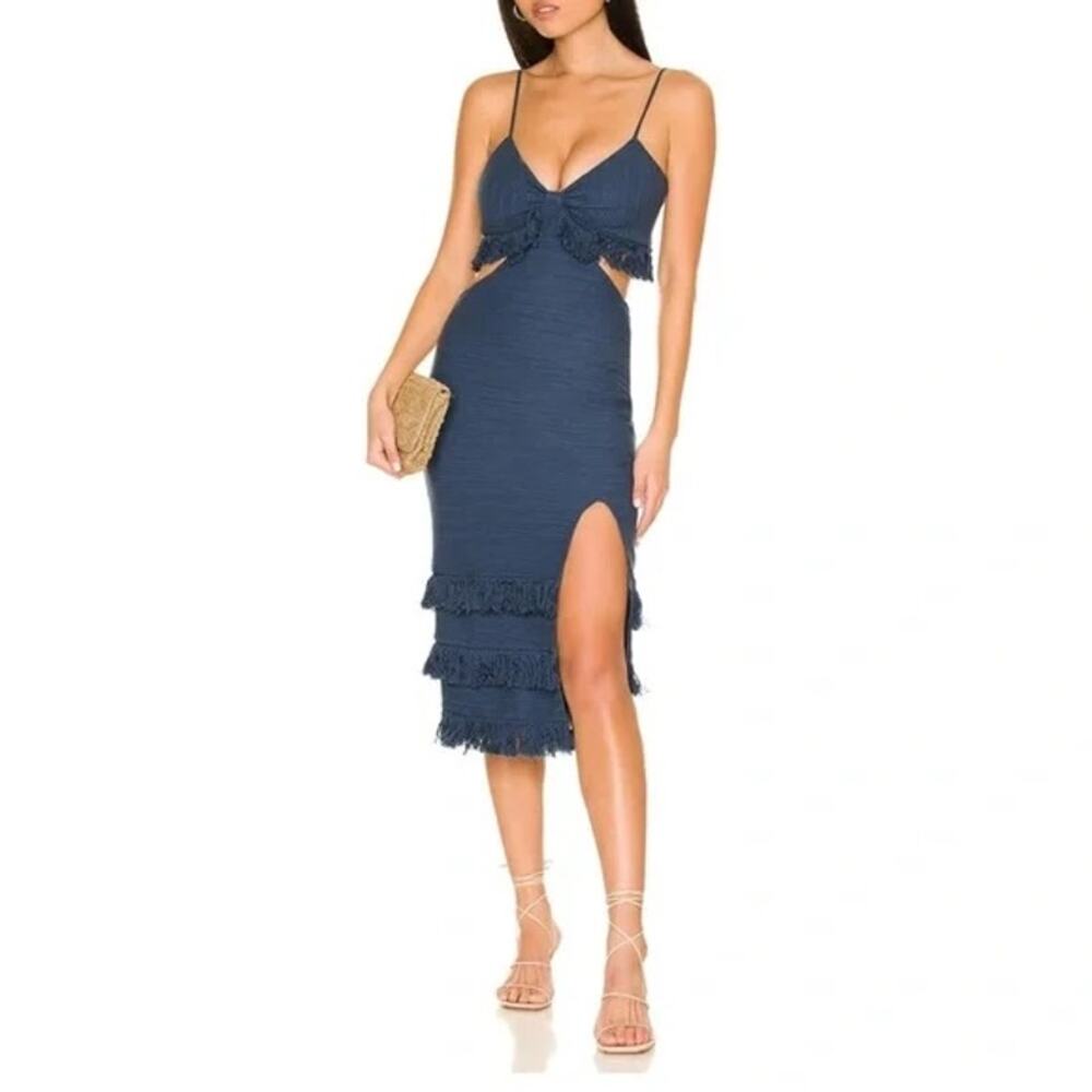 Saylor Sachi Fringe Dress Blue Indigo Knit Cutout Midi Maxi Summer Resort Small